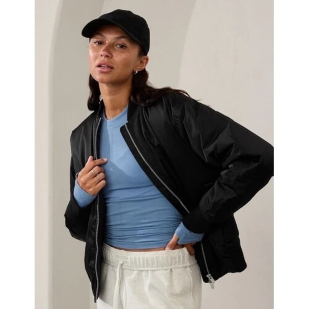 Athleta Bomber Jacket Women Small Black DWR Full Zip Performance Active NWT $199